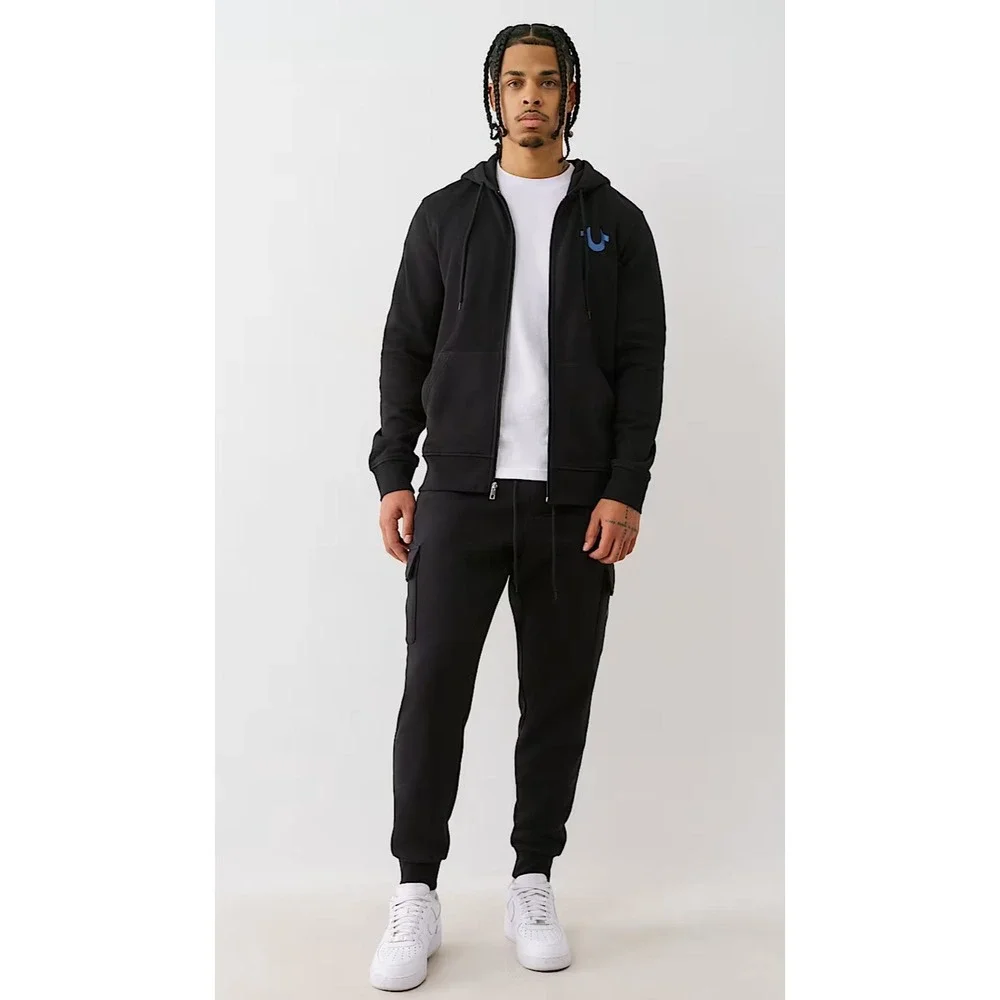 True Religion‎ Studded Retro Logo Zip Black Hoodie Size Large Exclusive
